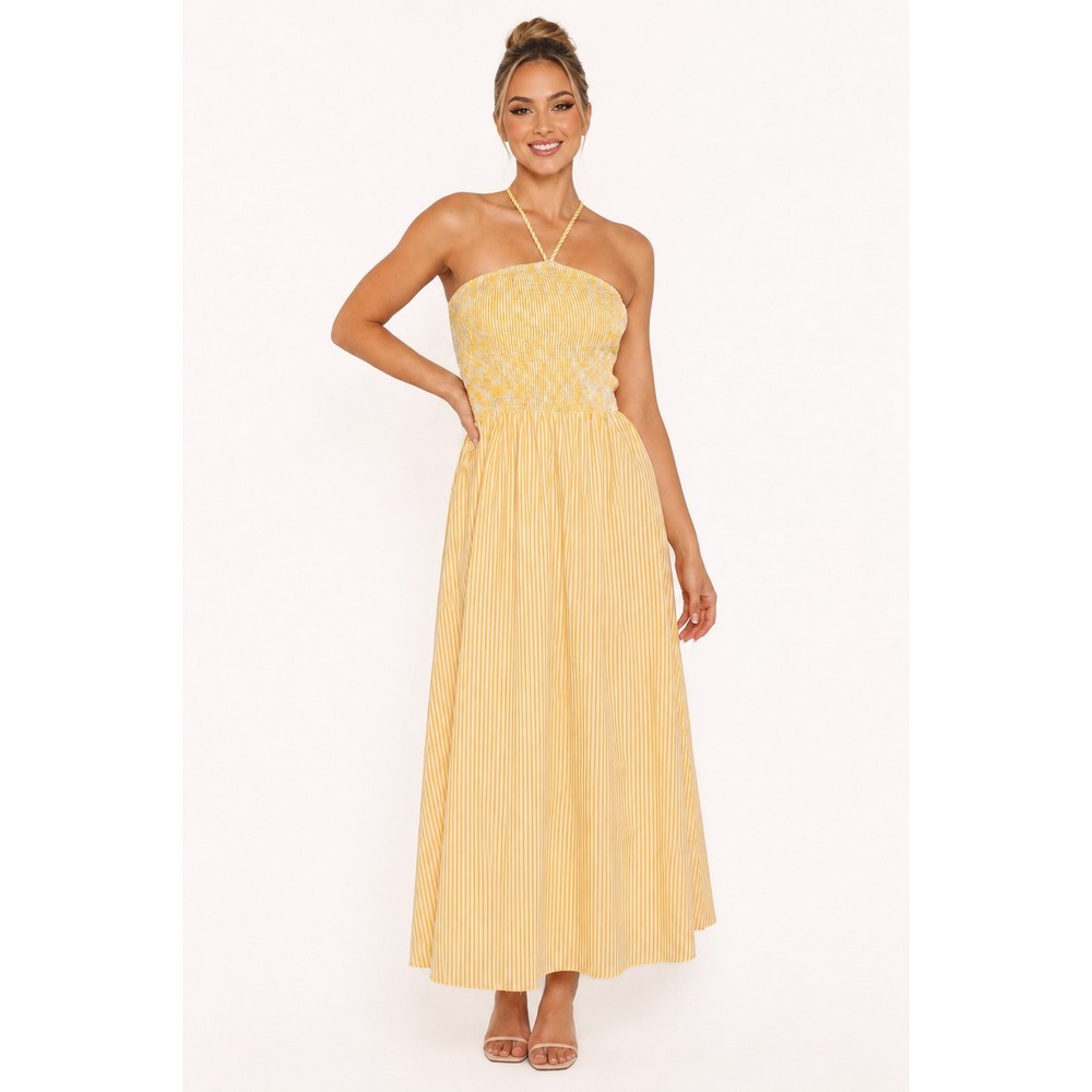 Petal and Pup Aviva Smocked Midi Dress Mango Stripe Yellow White Halter L NEW